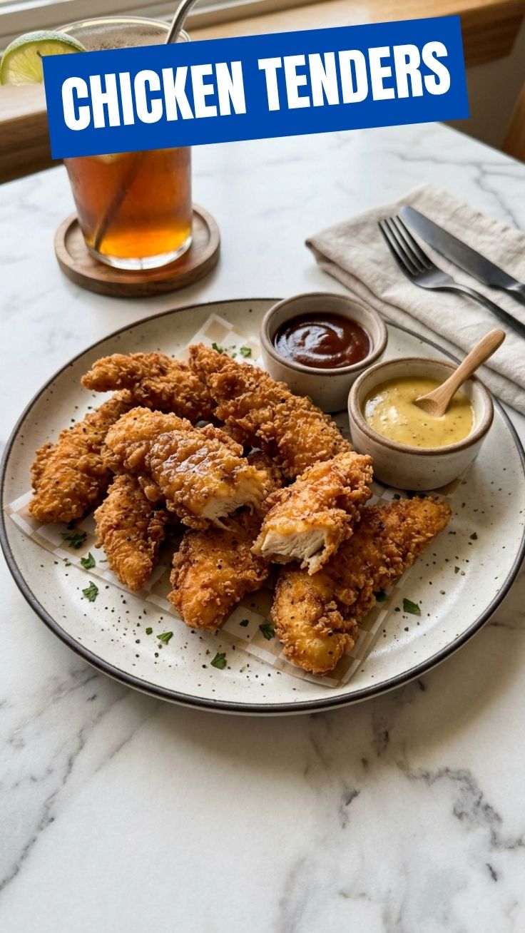 Crispy golden chicken tenders on a wire rack with dipping sauce