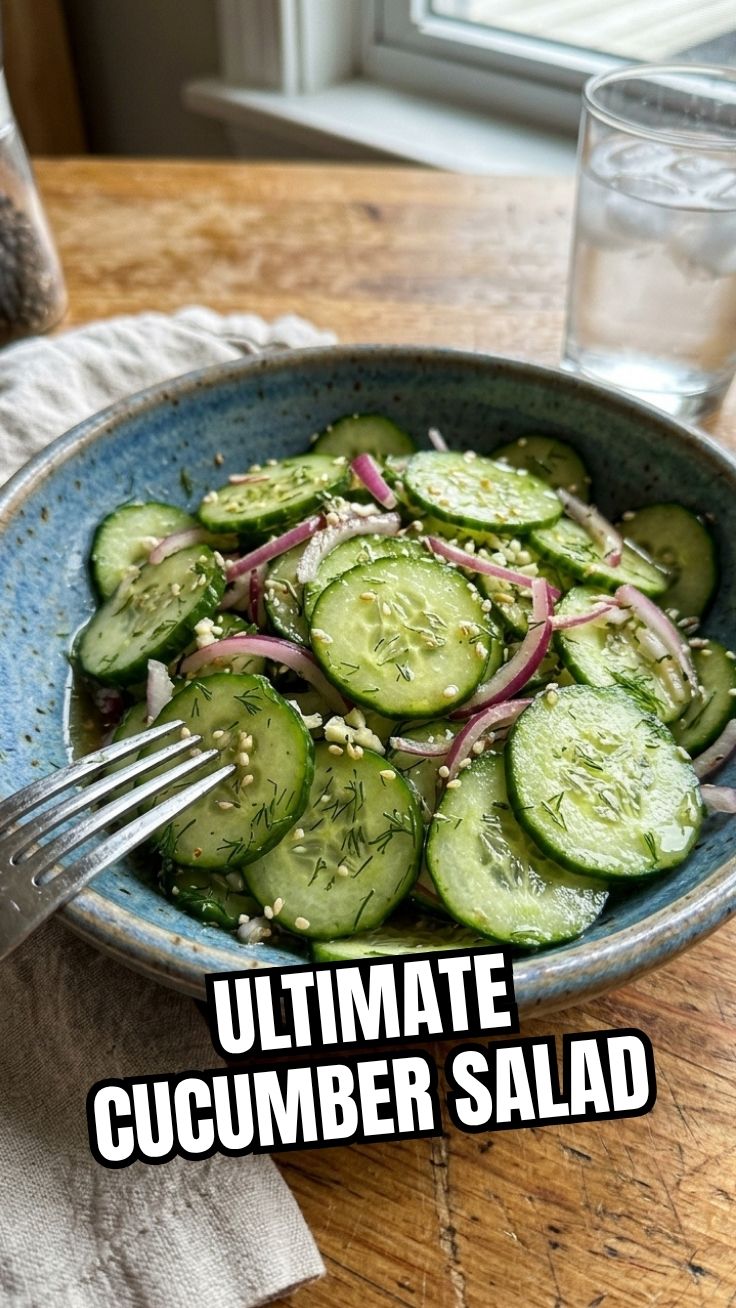 Crisp cucumber salad in a wooden bowl