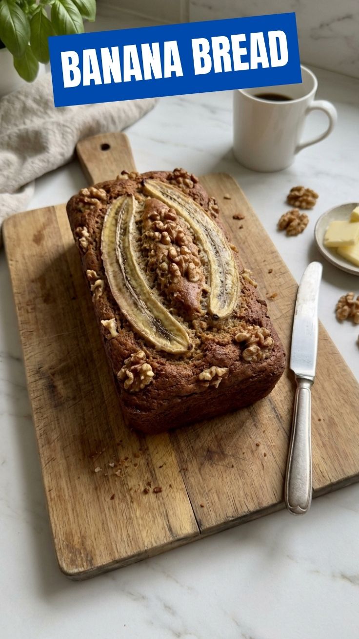 Freshly baked banana bread on a cooling rack