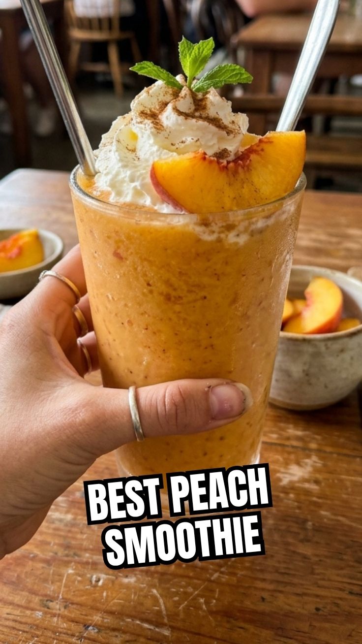 A vibrant peach smoothie in a clear glass with fresh peach slices for garnish.