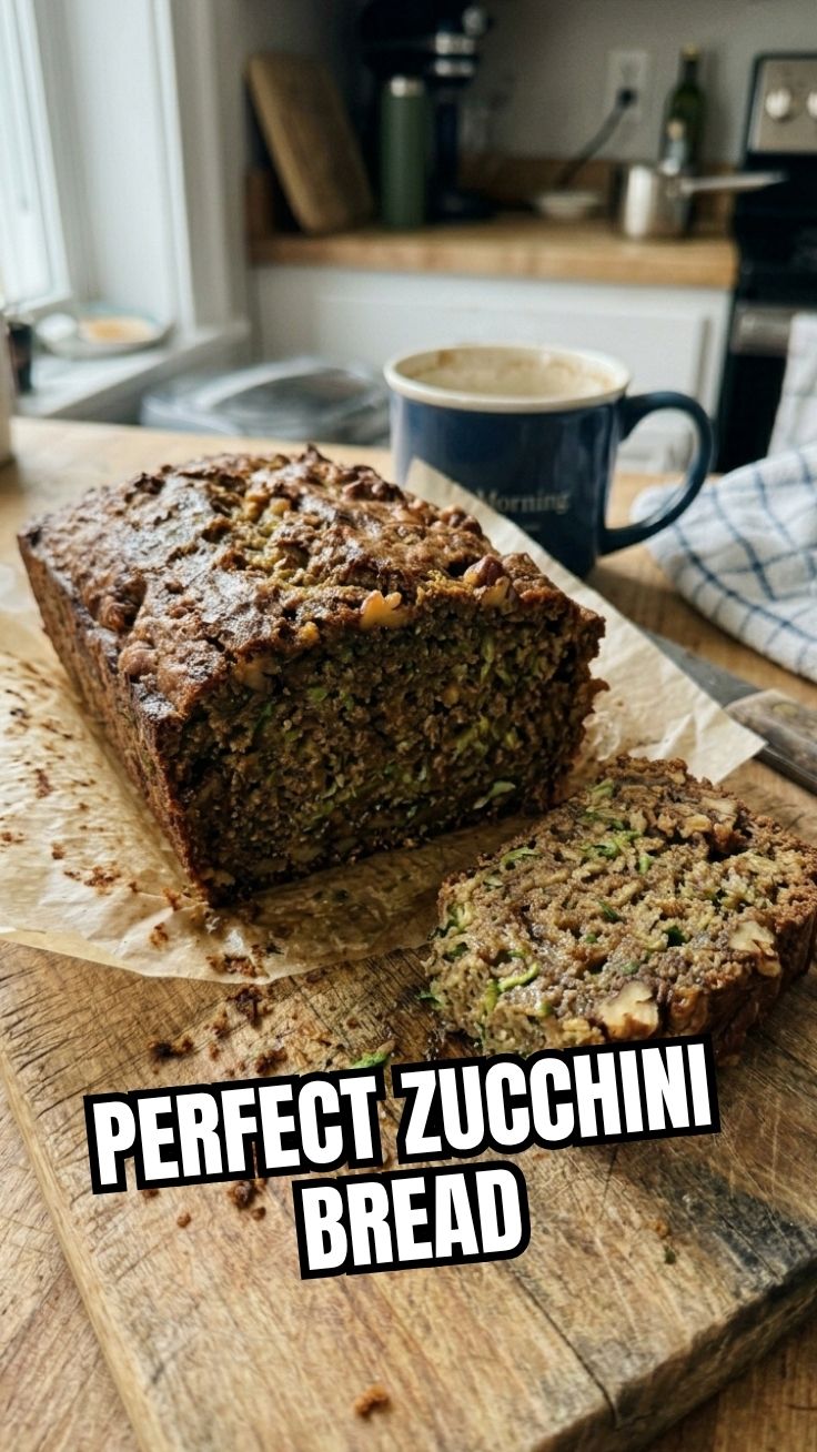 A freshly baked loaf of zucchini bread, golden brown and moist