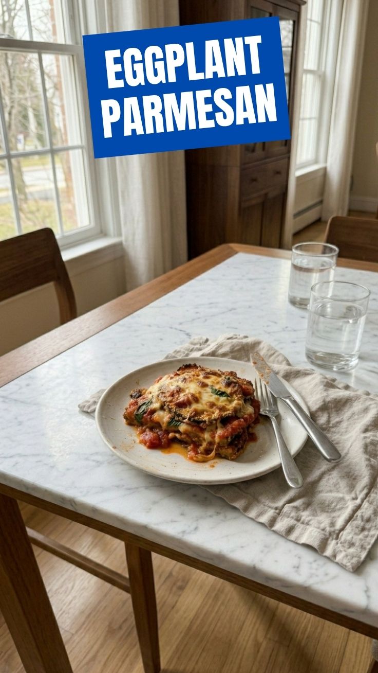 Eggplant Parmesan layered with sauce and cheese