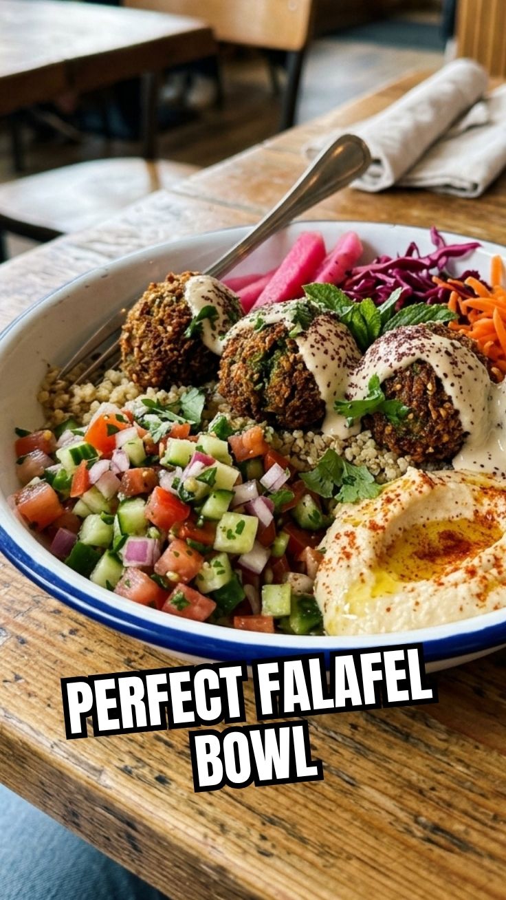 A vibrant falafel bowl filled with fresh ingredients