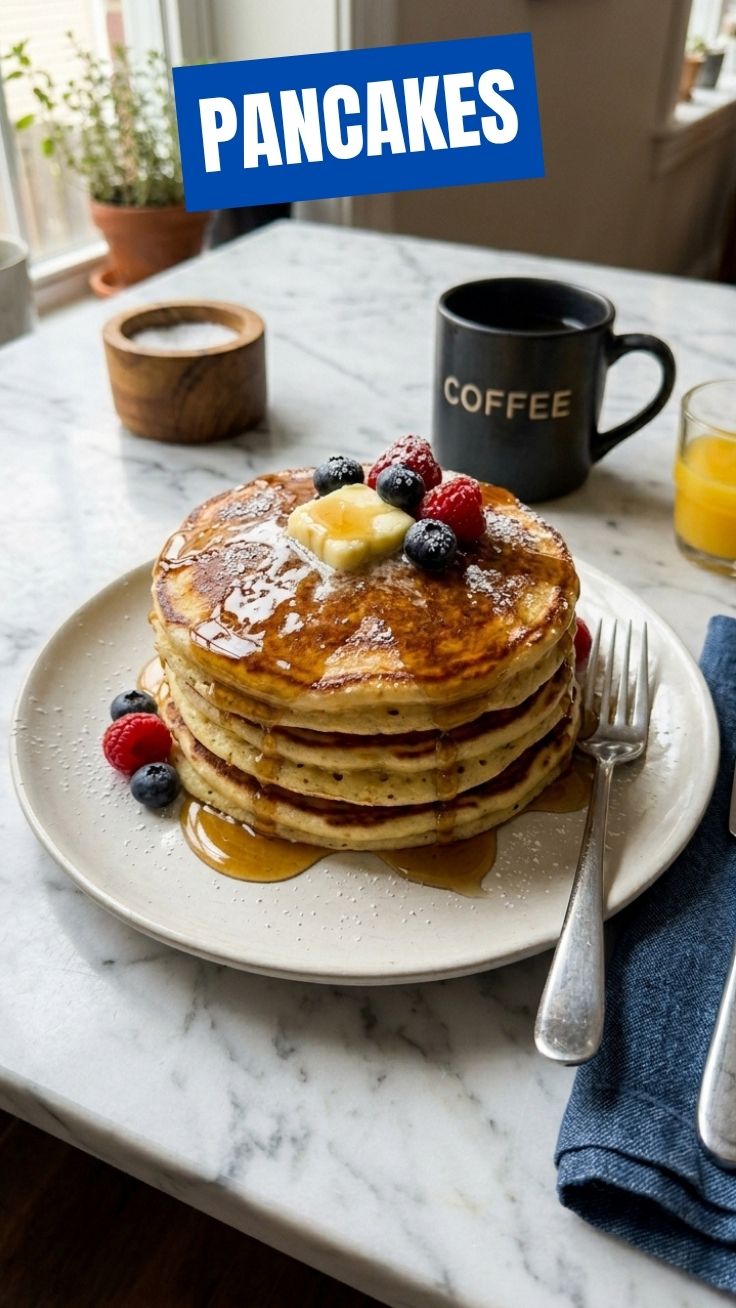 Stack of fluffy homemade pancakes drizzled with syrup