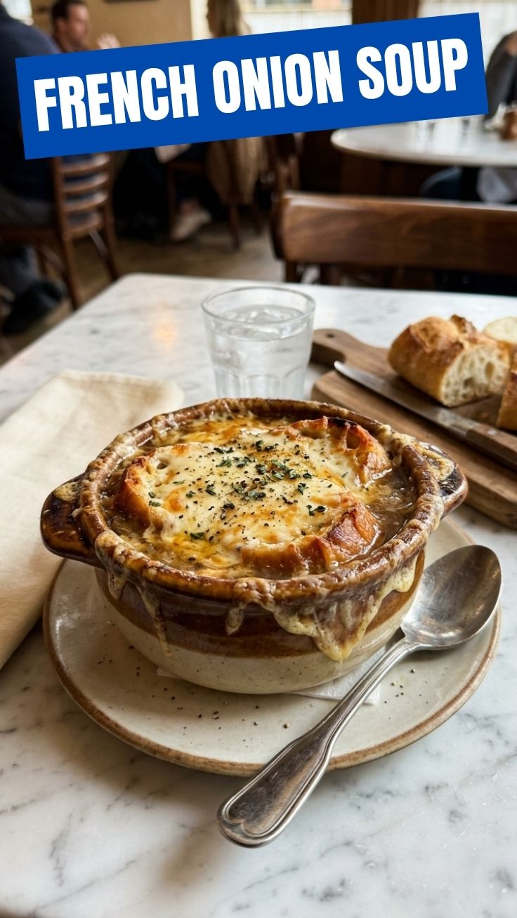 French Onion Soup steaming bowl of French onion soup with melted cheese crust