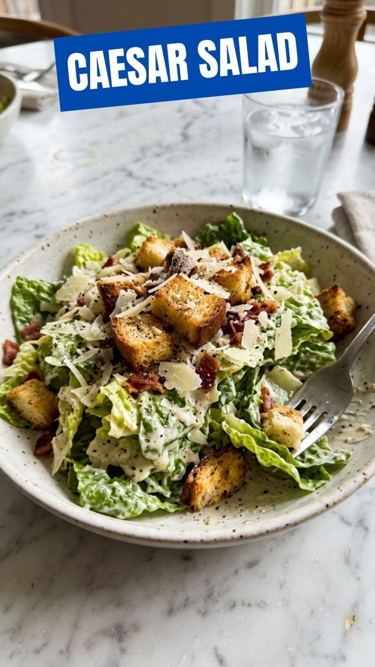 A vibrant Caesar salad with fresh romaine, croutons, and parmesan cheese