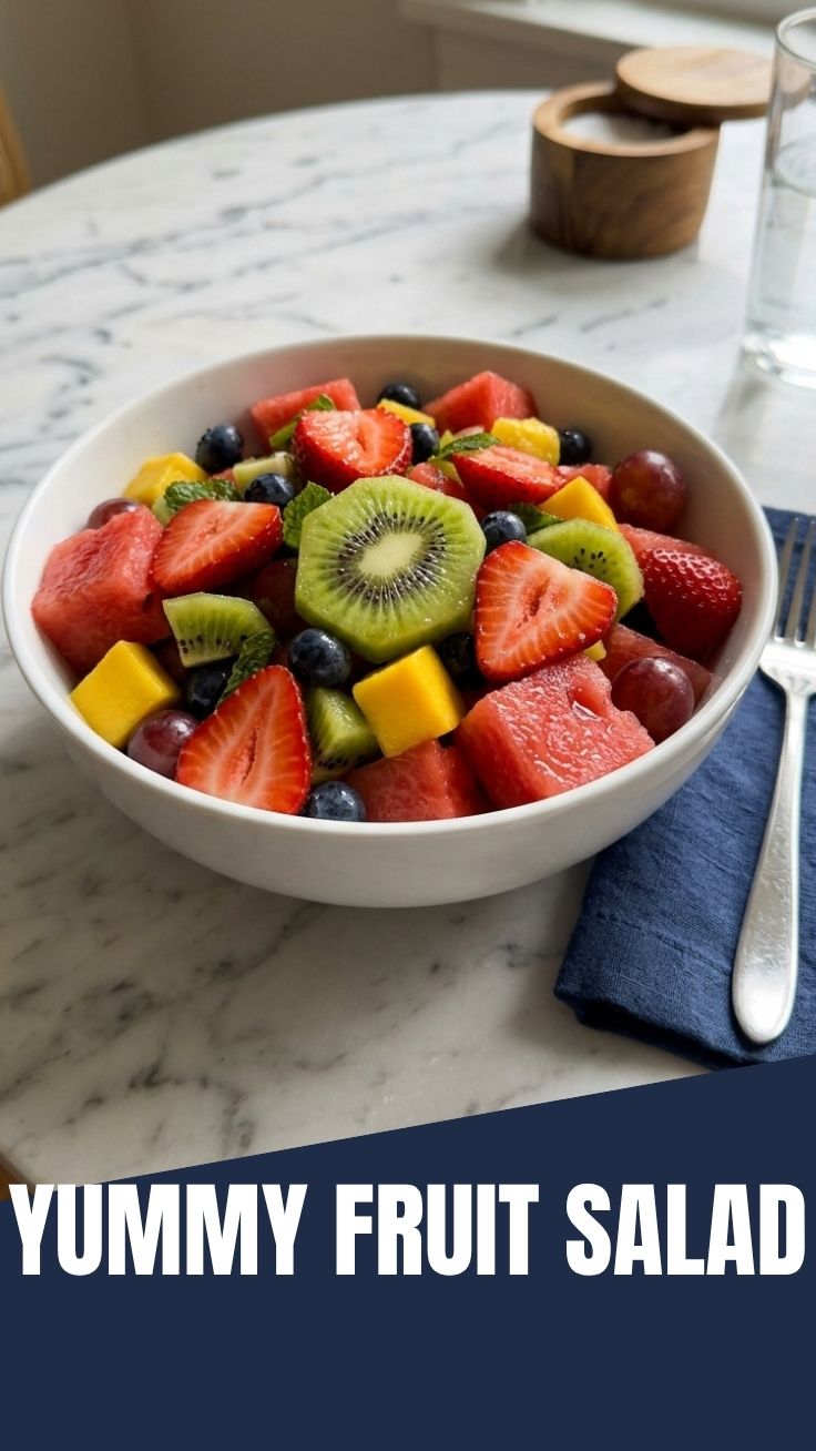 Fresh fruit salad bowl with peaches and plums