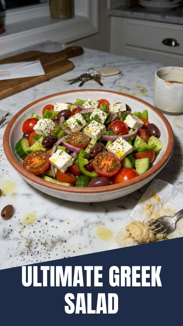 Fresh Greek salad bowl with tomatoes, cucumber, feta, olives, and oregano on a white plate