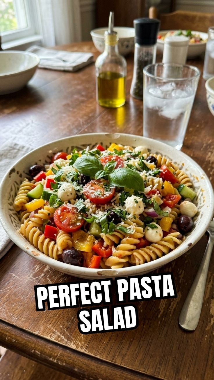 A vibrant bowl of fresh pasta salad with colorful vegetables.