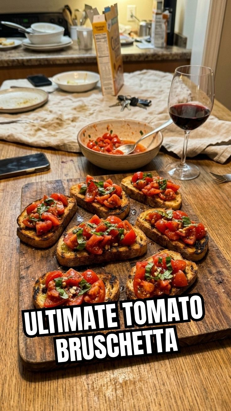 Platter of fresh tomato bruschetta with basil and olive oil