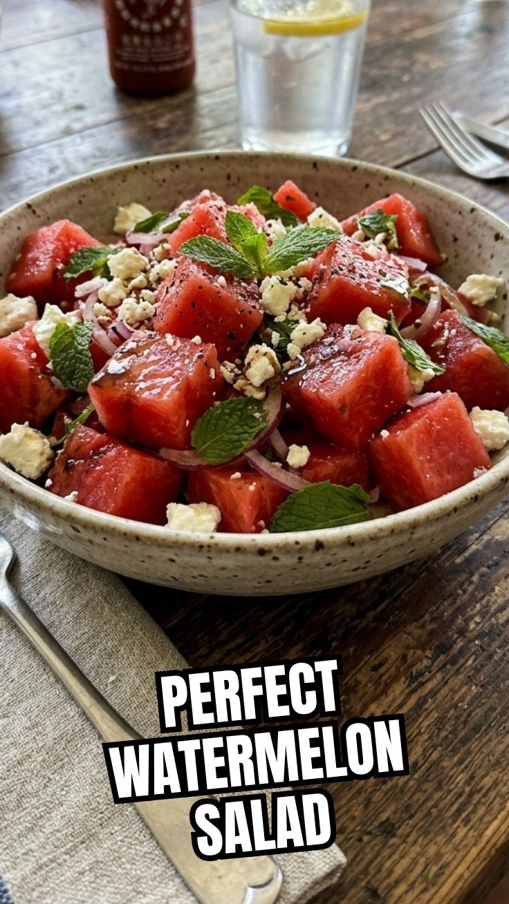 A bowl of refreshing watermelon salad with mint and feta