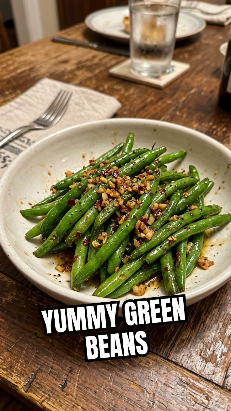 Close-up of vibrant green beans sautéed with minced garlic