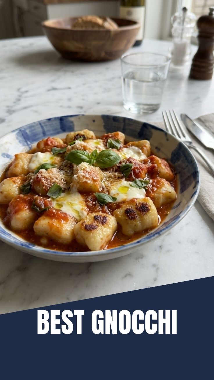A plate of freshly prepared gnocchi with sauce and herbs