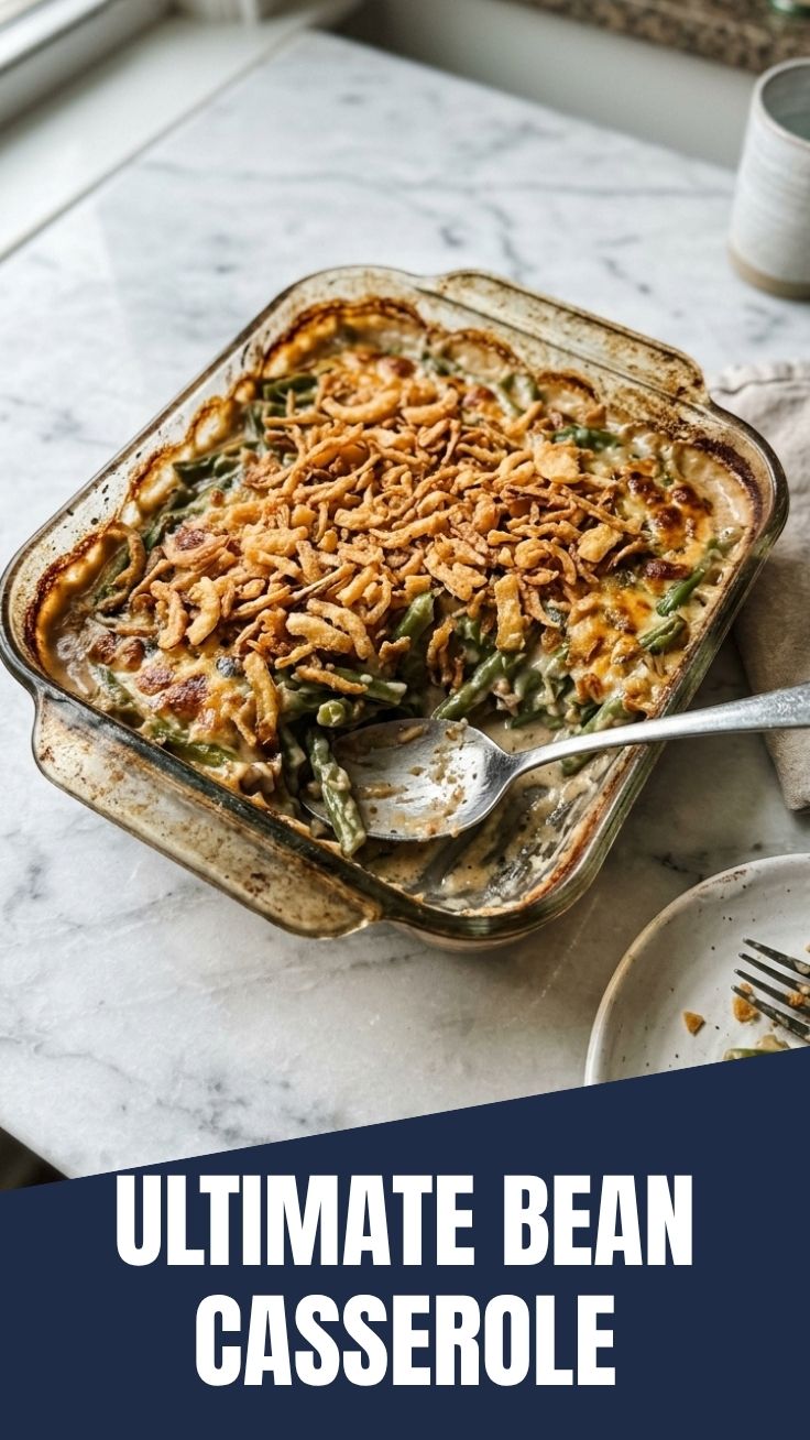 A classic green bean casserole in a white baking dish, ready to serve.