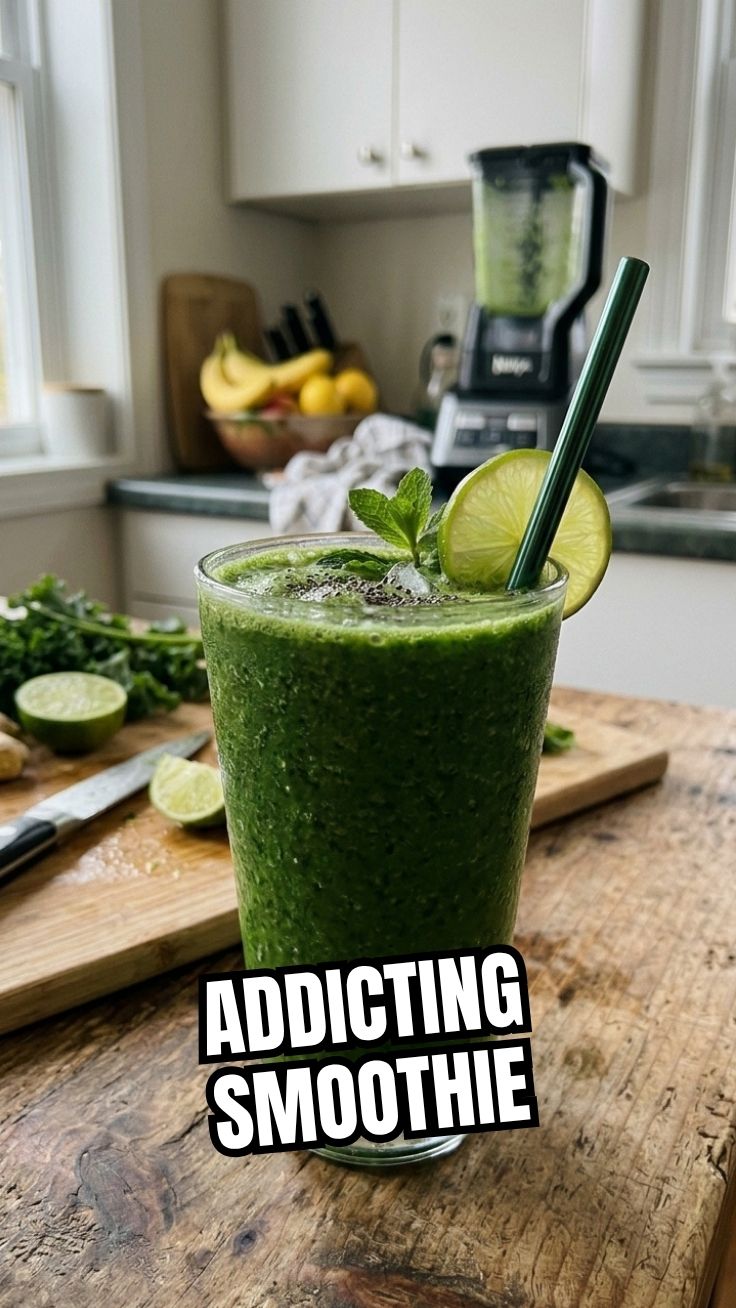 A vibrant green detox smoothie in a clear glass bottle, ready to drink.
