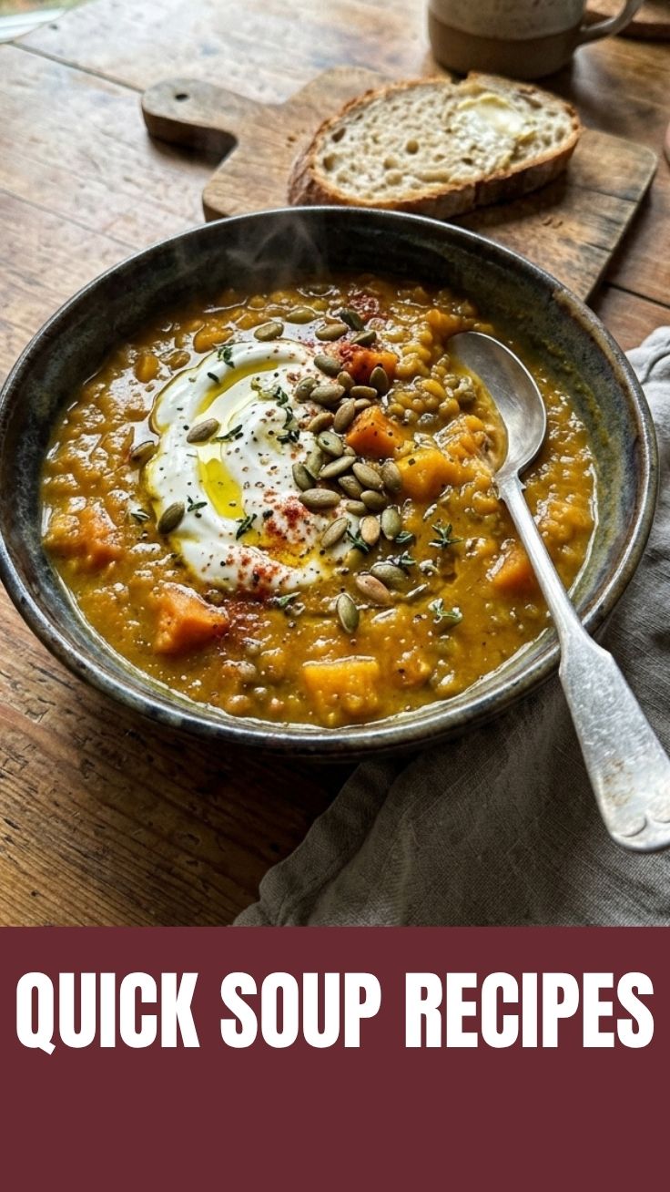 A steaming bowl of healthy fall soup, garnished with fresh herbs