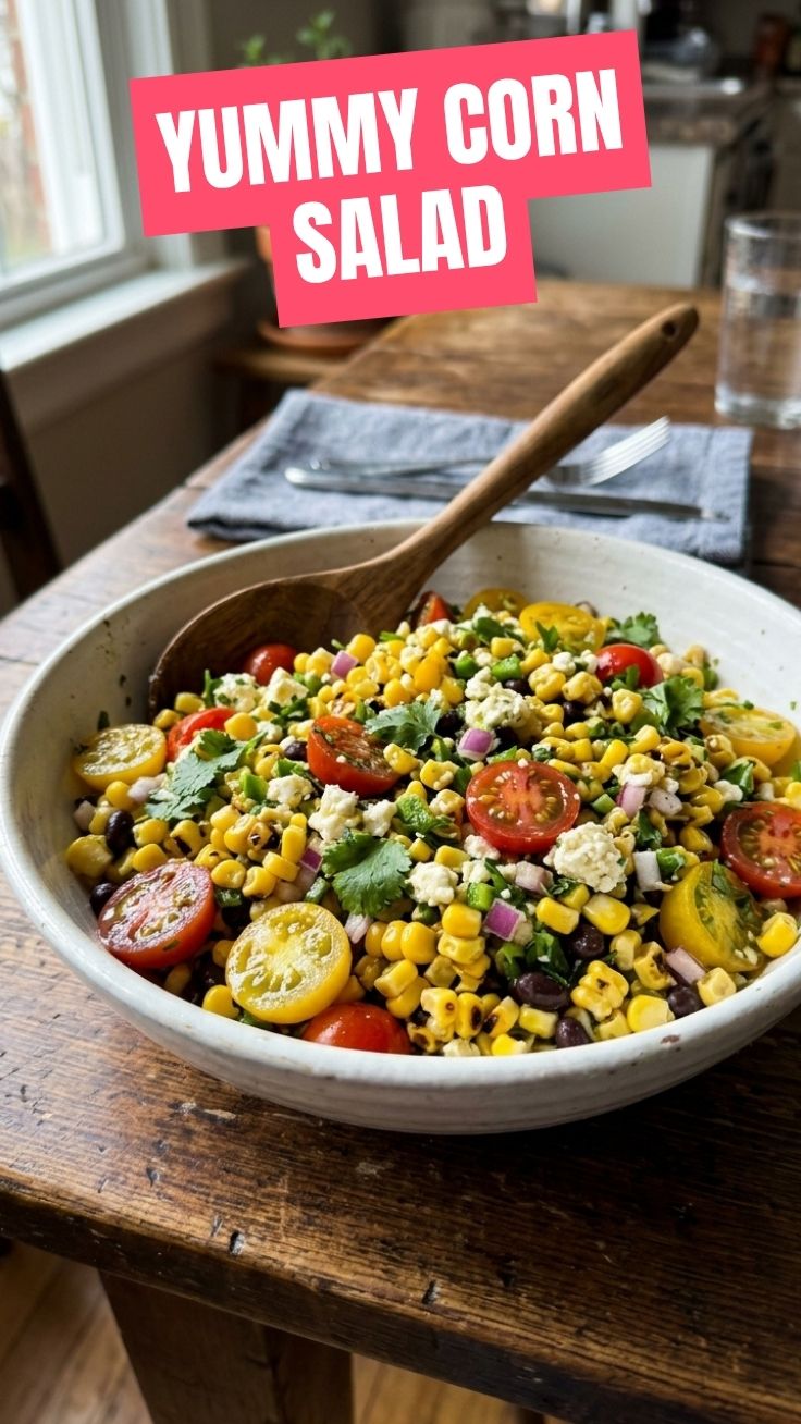 Vibrant bowl of healthy fresh corn salad with cherry tomatoes and basil