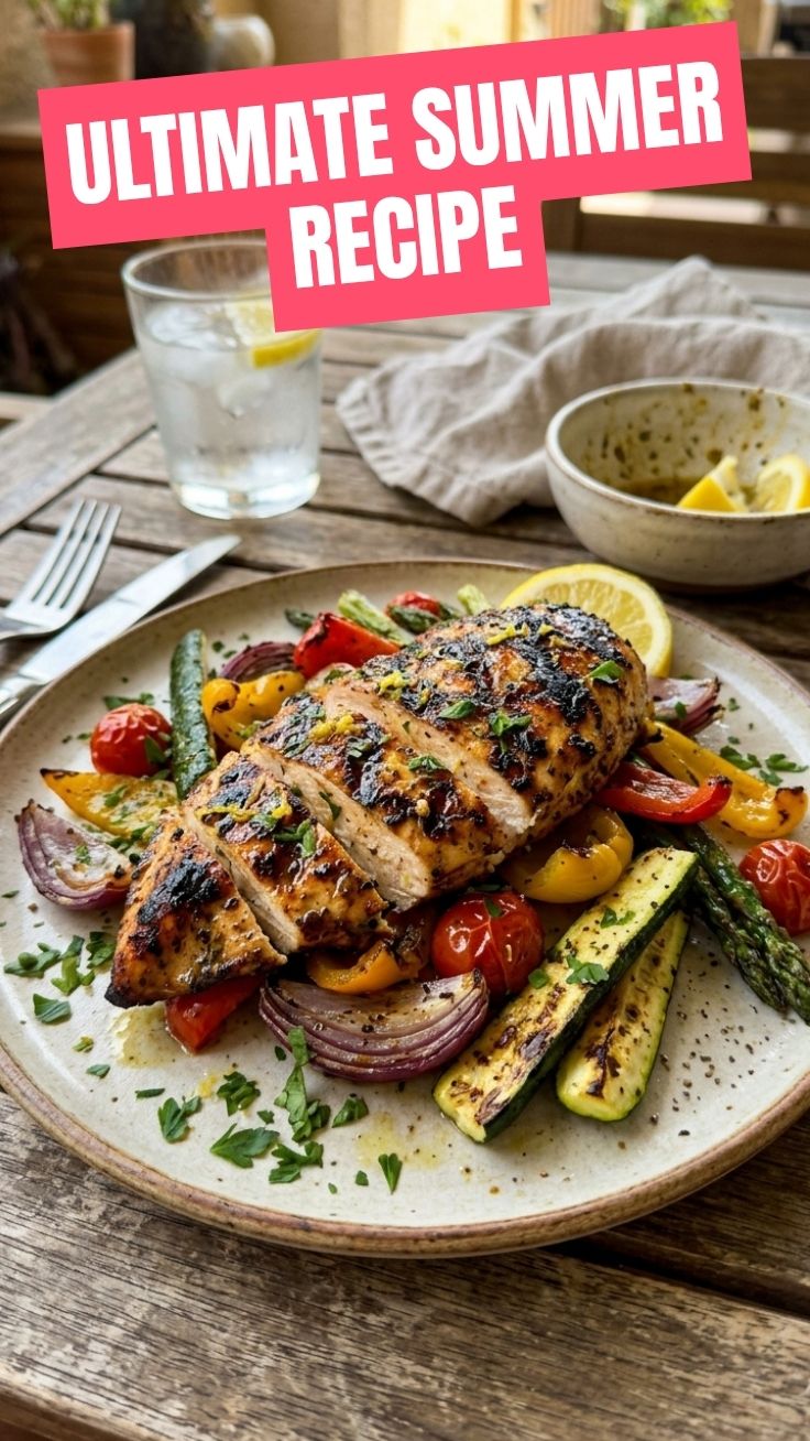 Healthy grilled chicken summer recipe with fresh herbs and vegetables.
