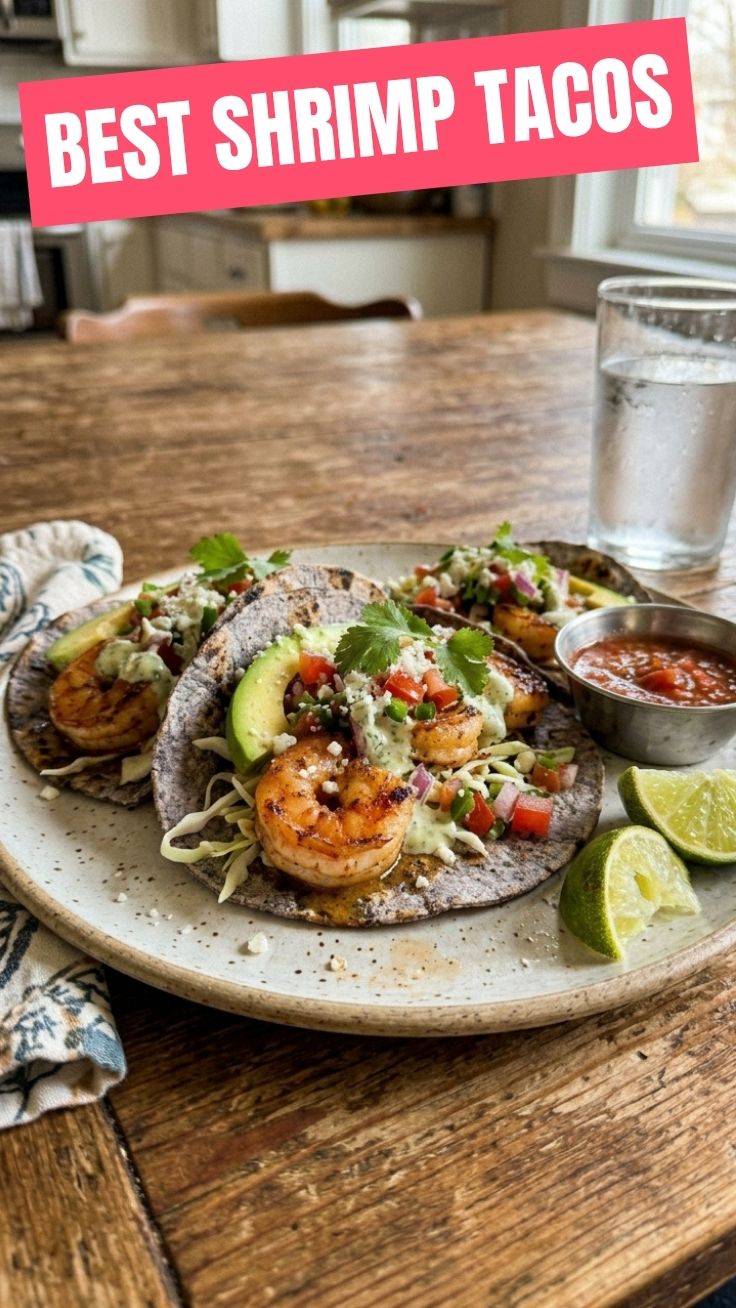Healthy grilled shrimp tacos with fresh cilantro and lime