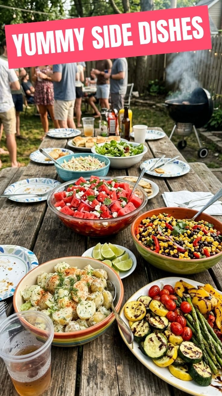 A colorful array of healthy summer BBQ side dishes arranged on a picnic table.