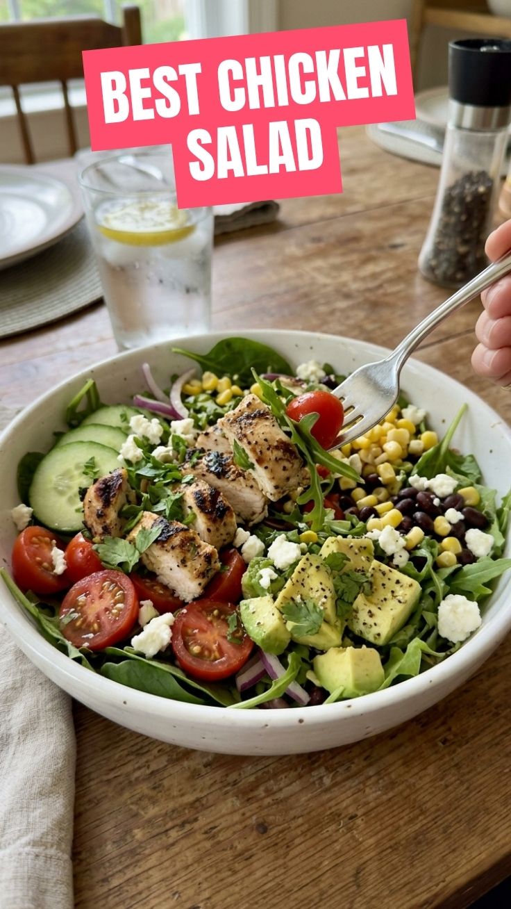 A vibrant healthy summer chicken salad in a large bowl, ready to serve
