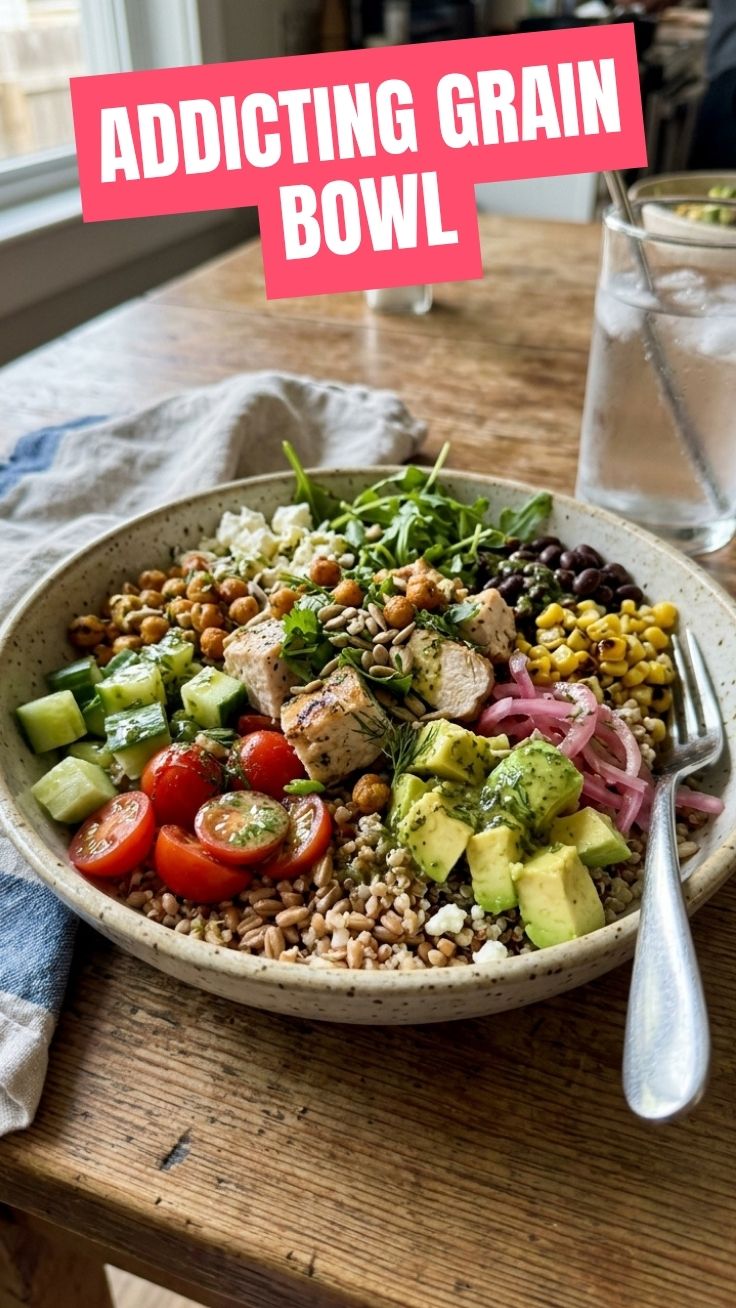 Healthy summer grain bowl with roasted vegetables and fresh basil