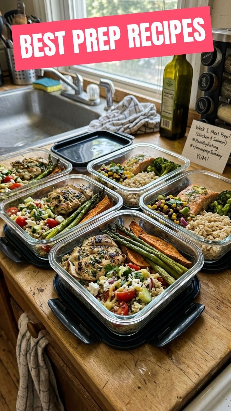 Colorful summer meal prep bowls with grilled chicken and fresh vegetables