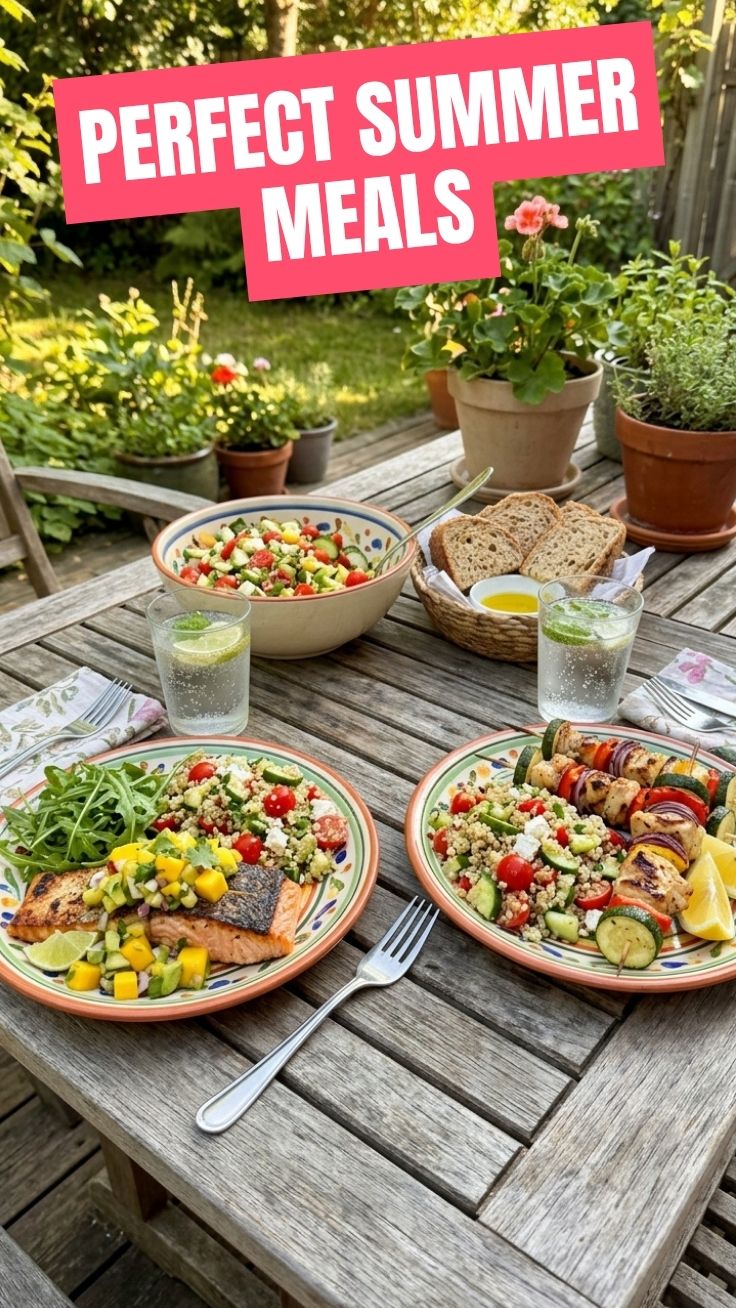 A table set with healthy summer meals for two, featuring fresh produce.