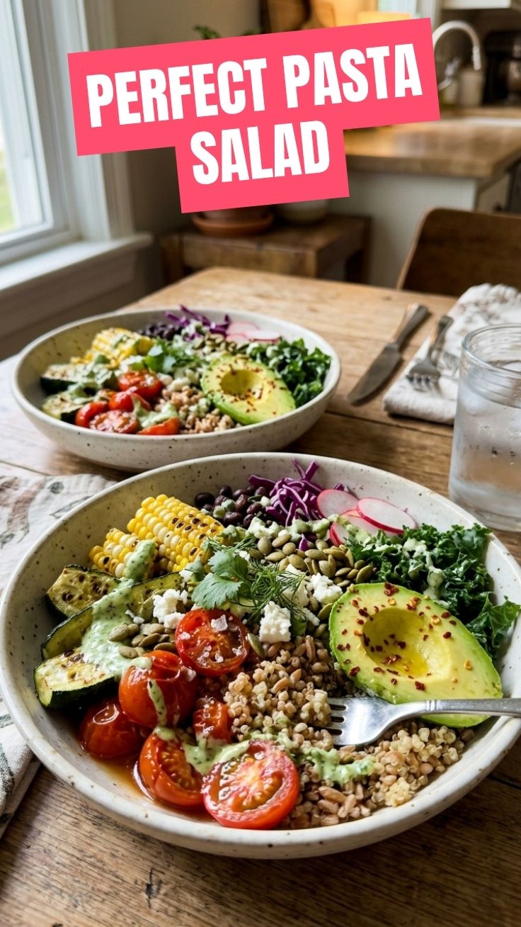 A vibrant bowl of healthy summer pasta salad with fresh vegetables and herbs