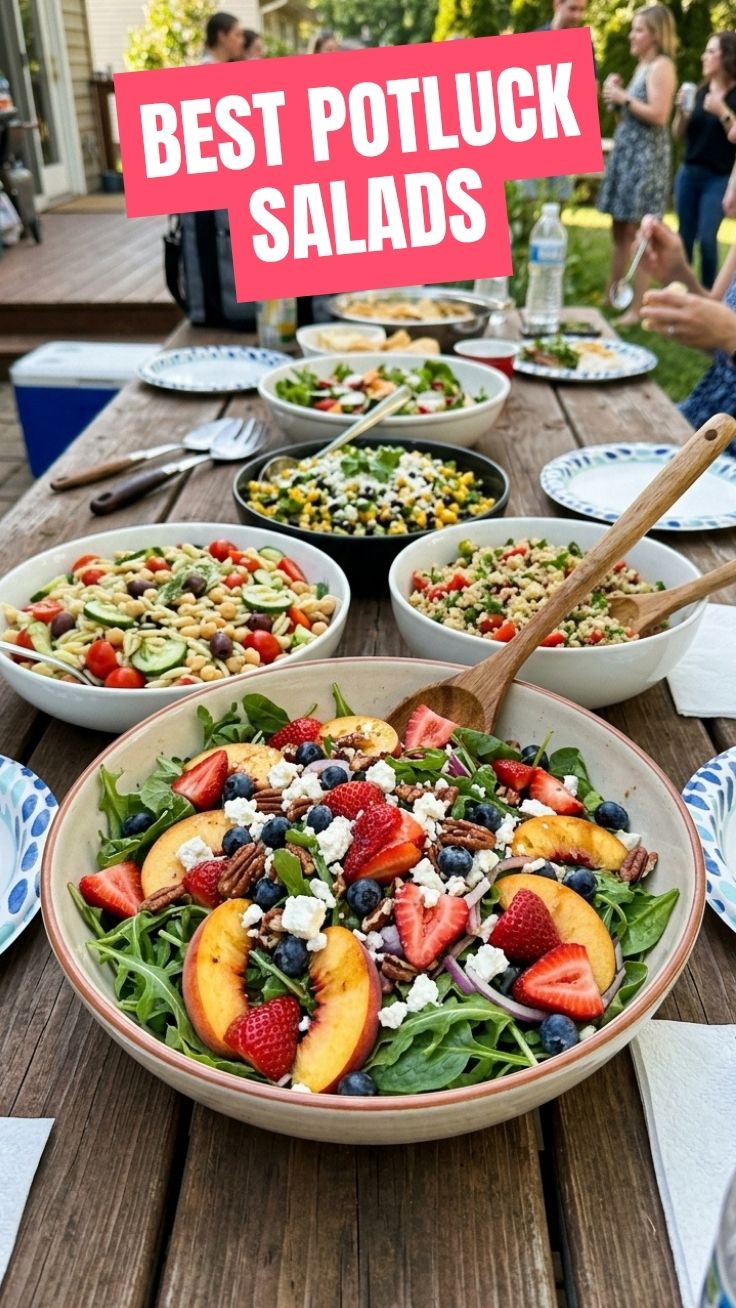 An array of colorful healthy summer potluck salads arranged on a picnic blanket.