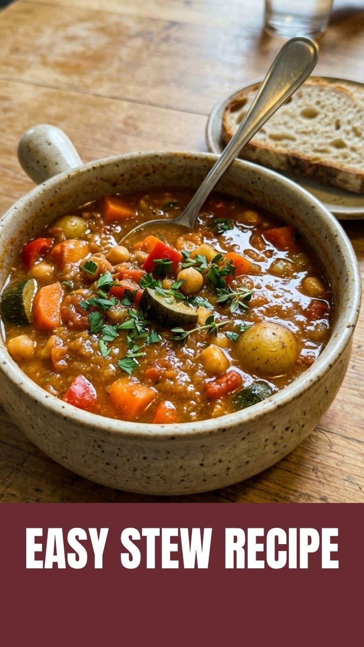 A steaming bowl of healthy vegetable stew, rich with colorful vegetables