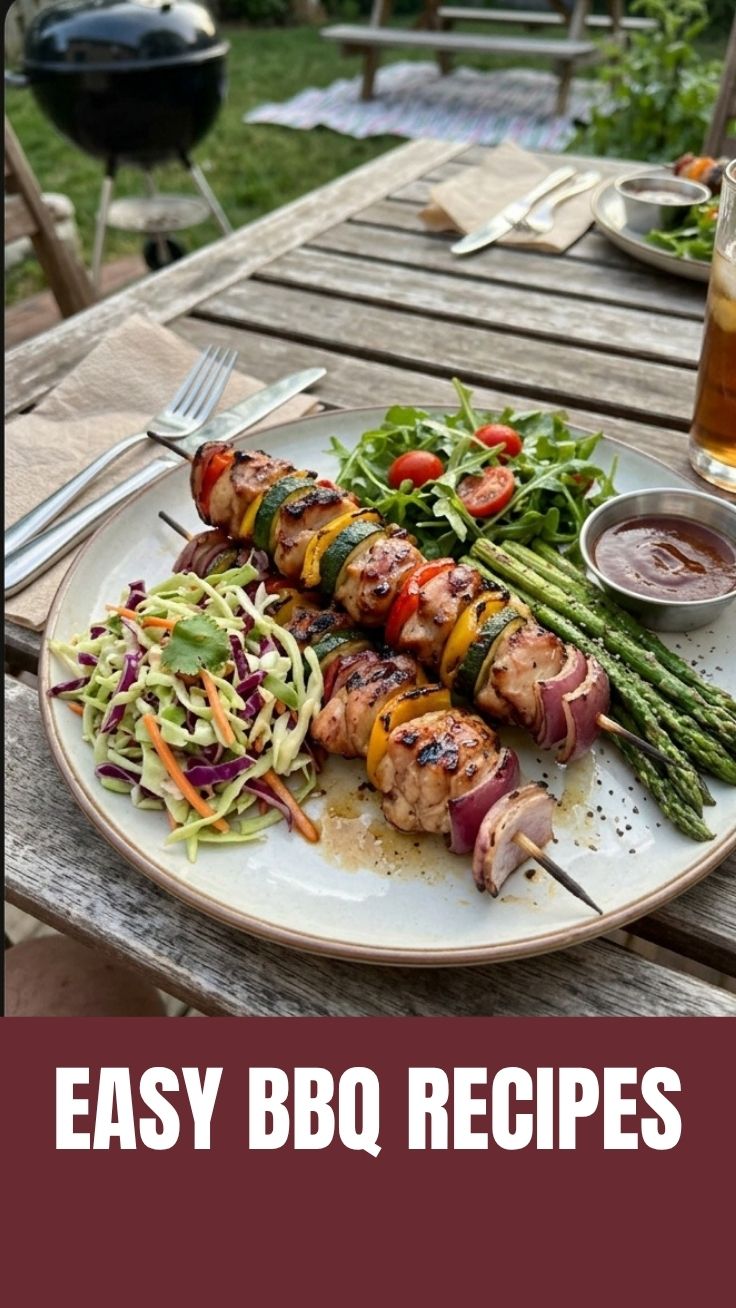 A colorful platter of healthy weight loss BBQ recipes with grilled chicken and vegetables