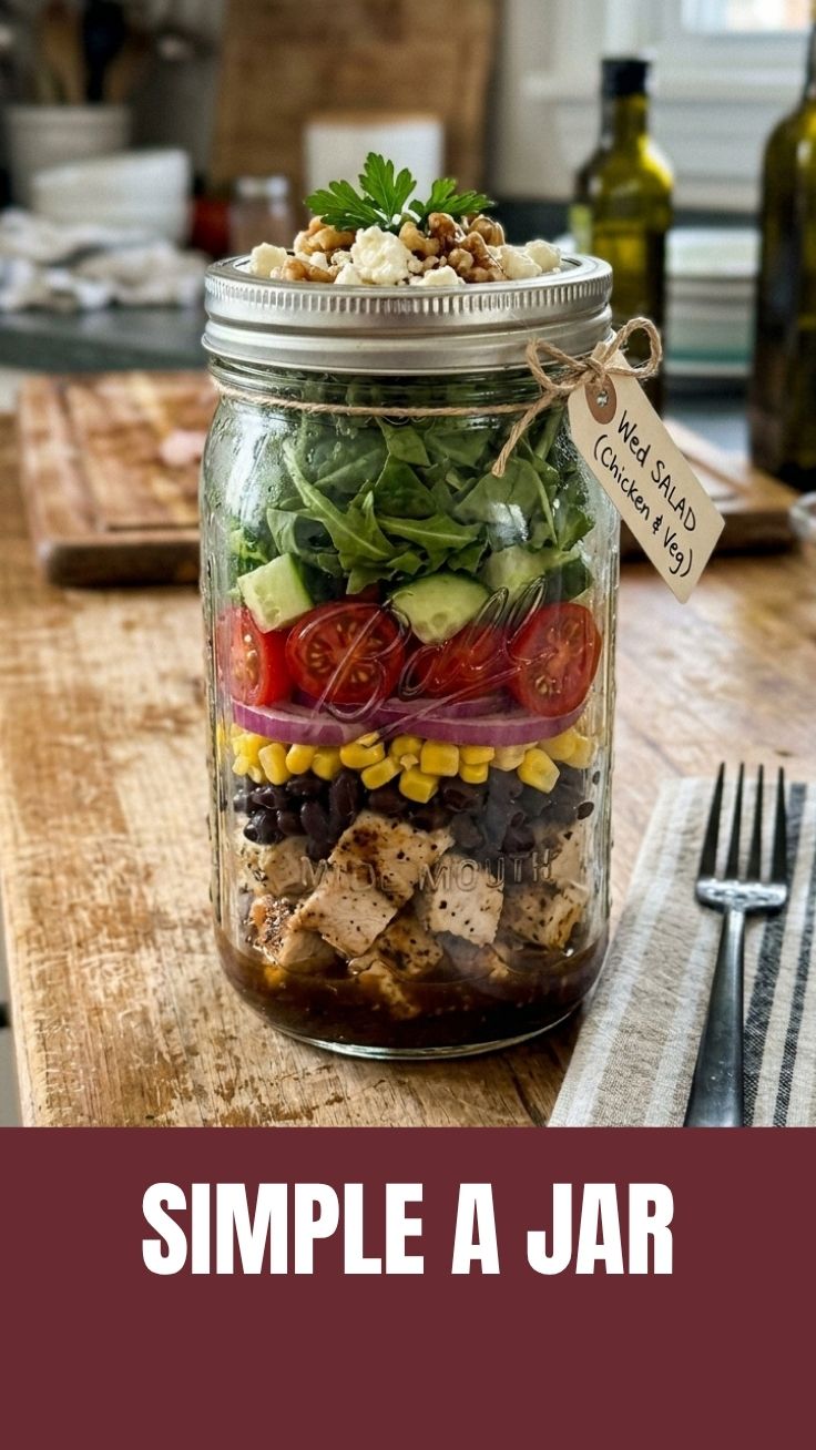 A healthy weight loss salad in a jar, layered with fresh vegetables and dressing