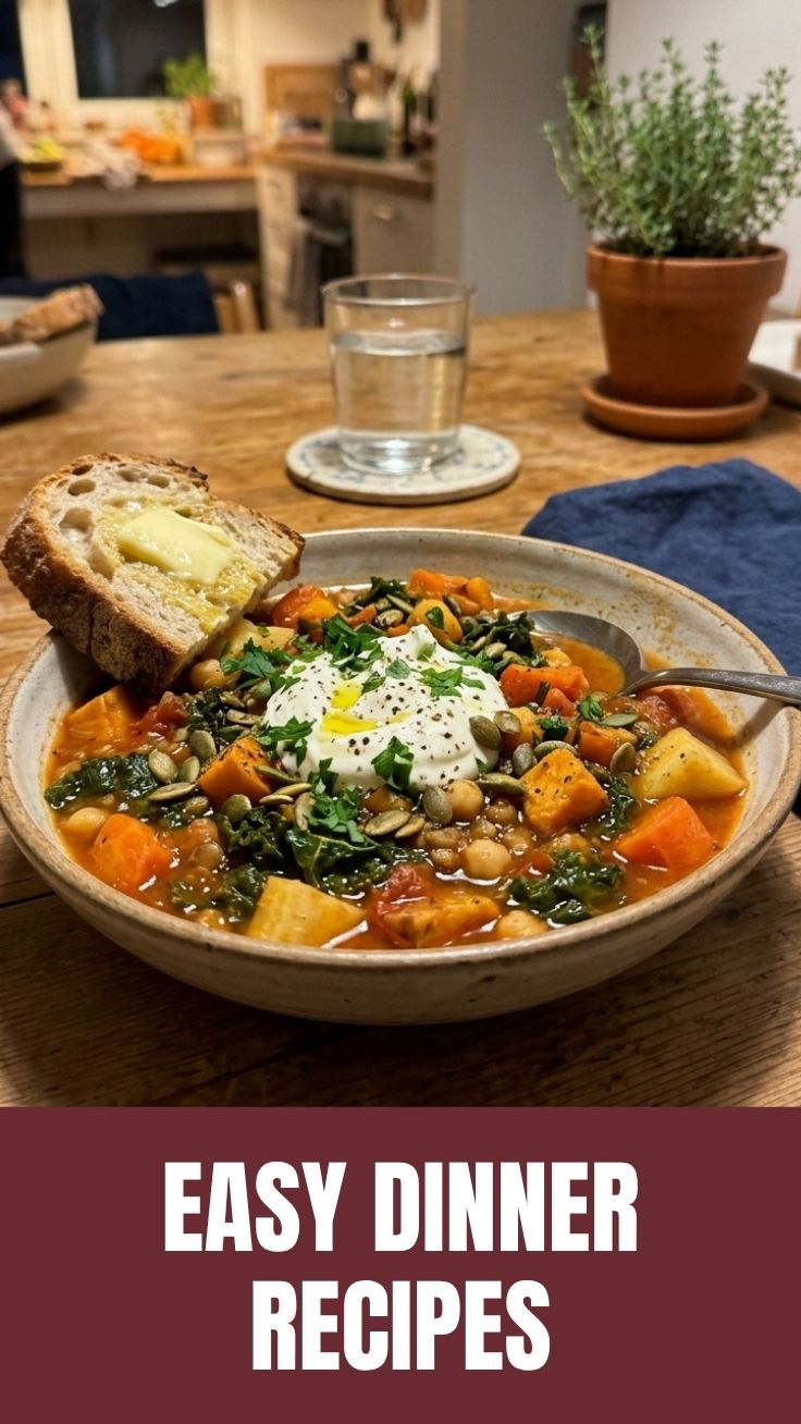 Healthy winter dinner recipes bowl with roasted vegetables and herbs