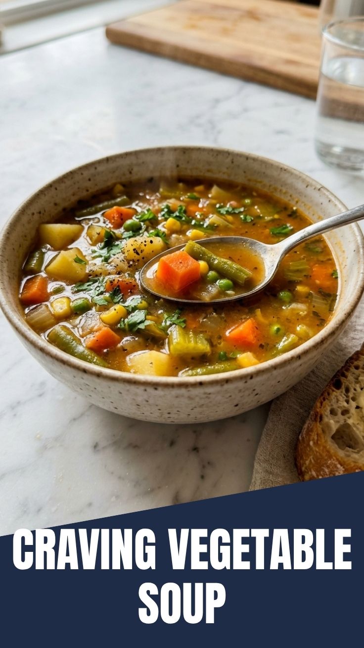 A bowl of hearty vegetable soup with roasted vegetables and fresh herbs