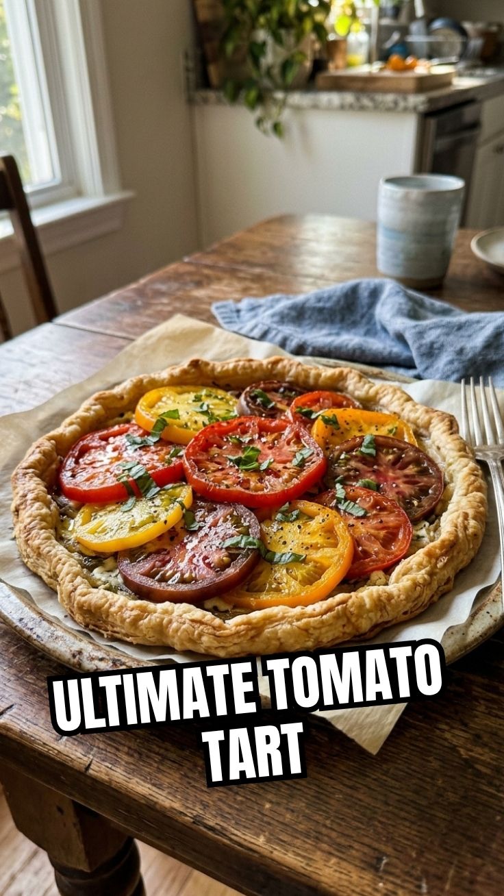 A vibrant heirloom tomato tart with a flaky crust