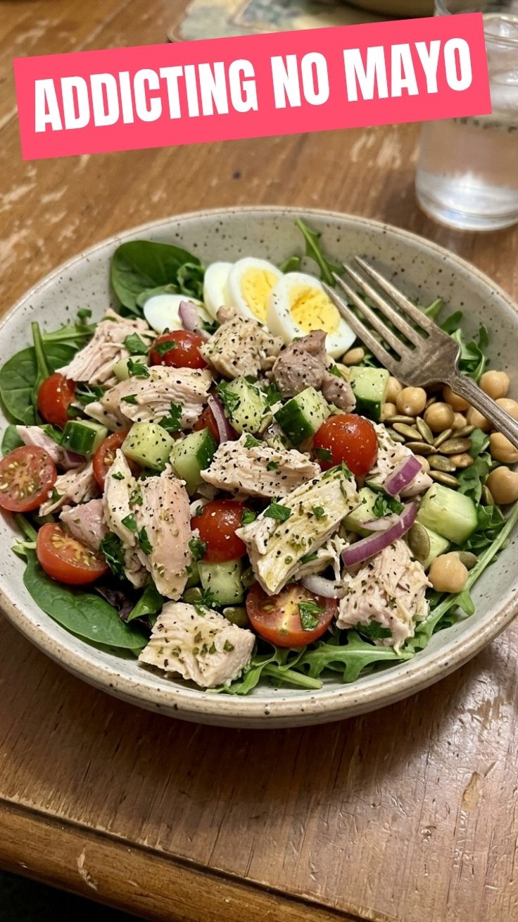 Creamy high protein chicken salad no mayo served on a bed of mixed greens