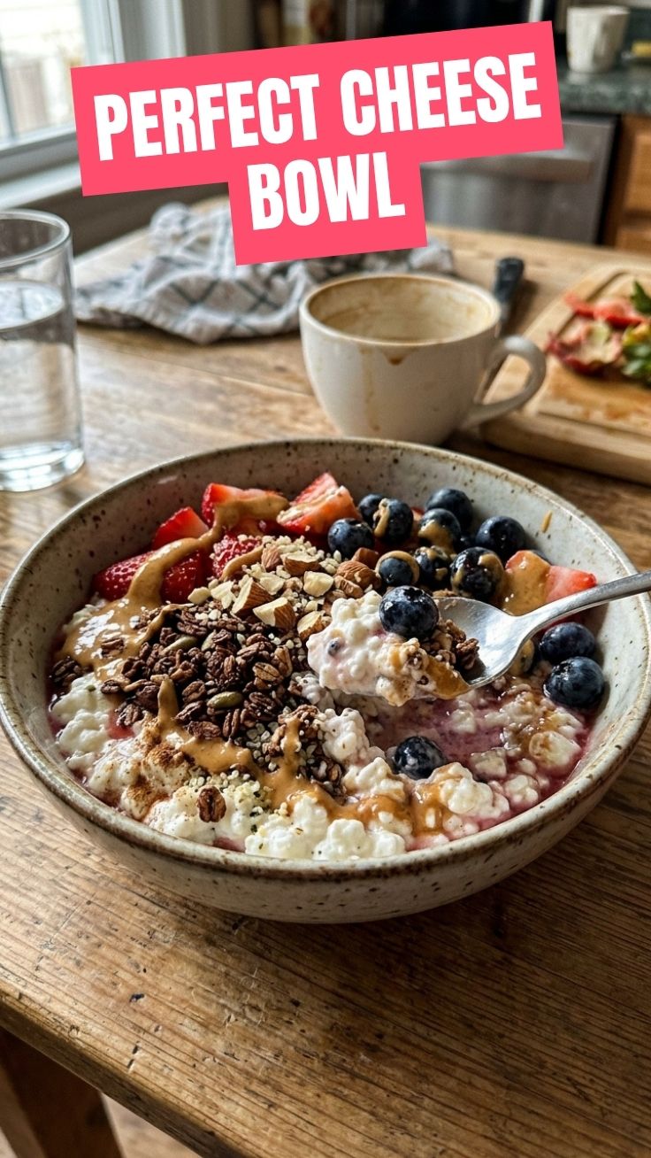 High protein cottage cheese bowl with fresh berries and granola