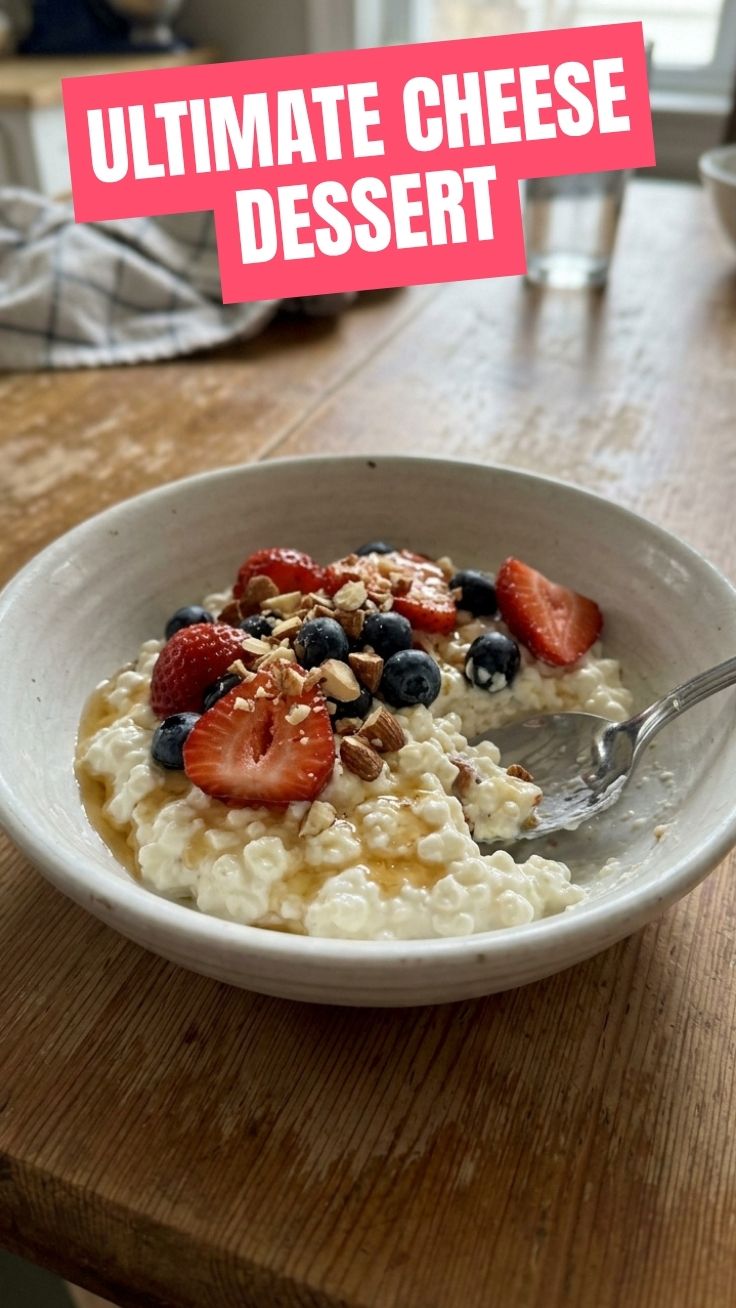 A high protein cottage cheese dessert in a glass bowl, topped with berries