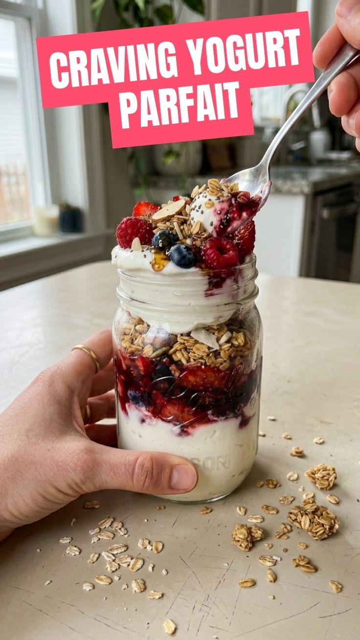 Layered Greek yogurt parfait in a glass jar with strawberries and granola