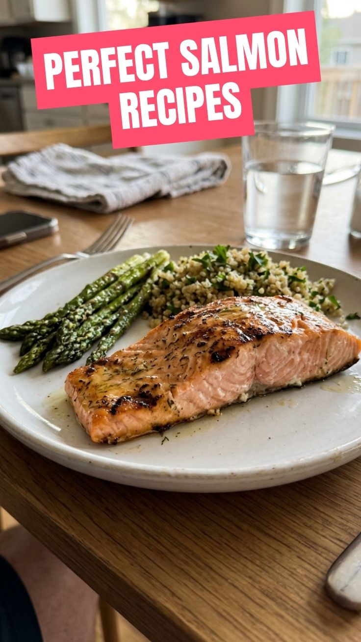 High protein grilled salmon recipes on a wooden board with lemon and herbs