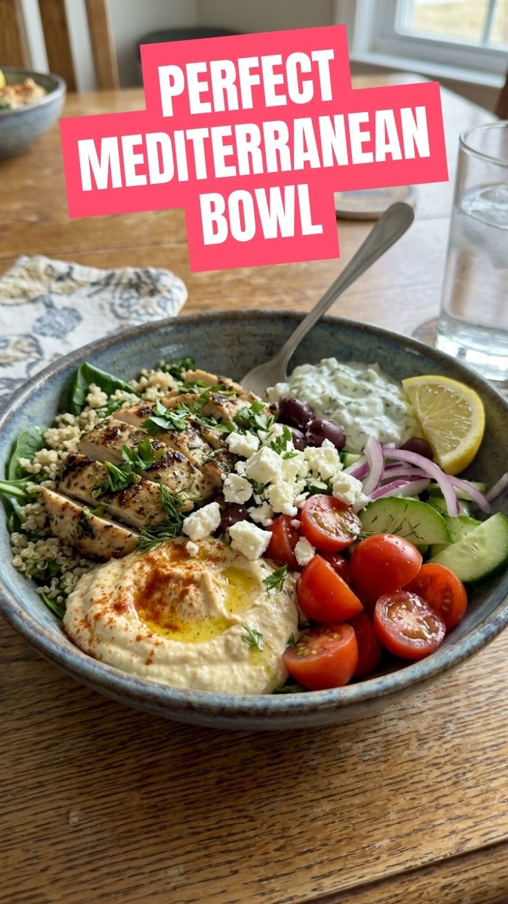 A vibrant high protein Mediterranean bowl filled with fresh ingredients