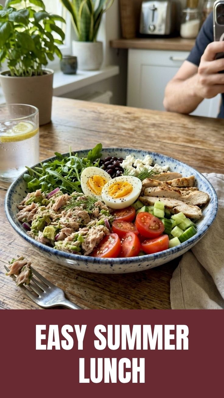 A refreshing high protein no cook summer lunch platter with colorful ingredients.