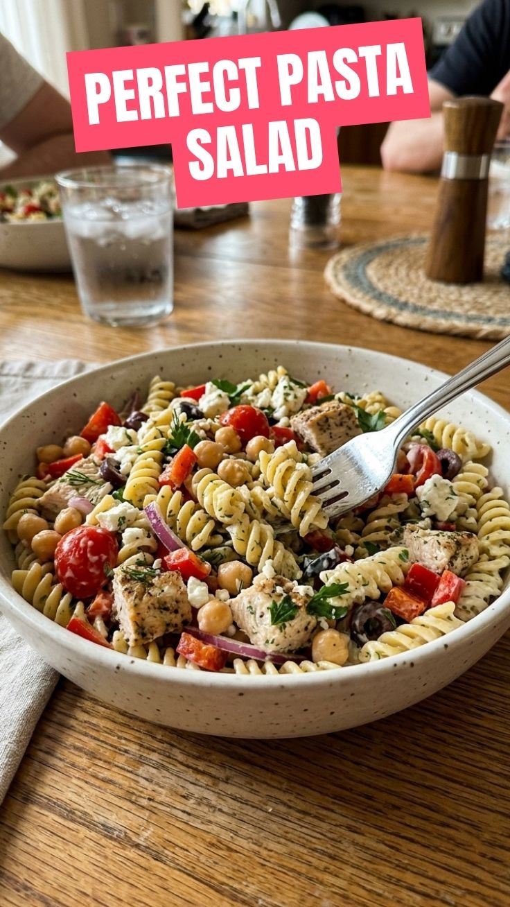 A vibrant high protein pasta salad in a bowl, ready to serve