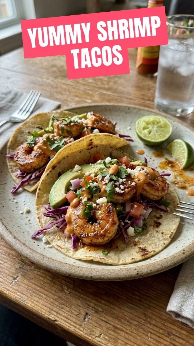 A close-up of high protein shrimp tacos with fresh cilantro and lime wedges.