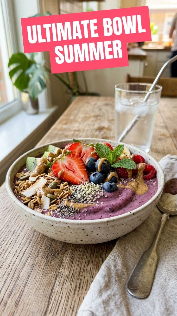 High protein smoothie bowl topped with fresh stone fruits and granola