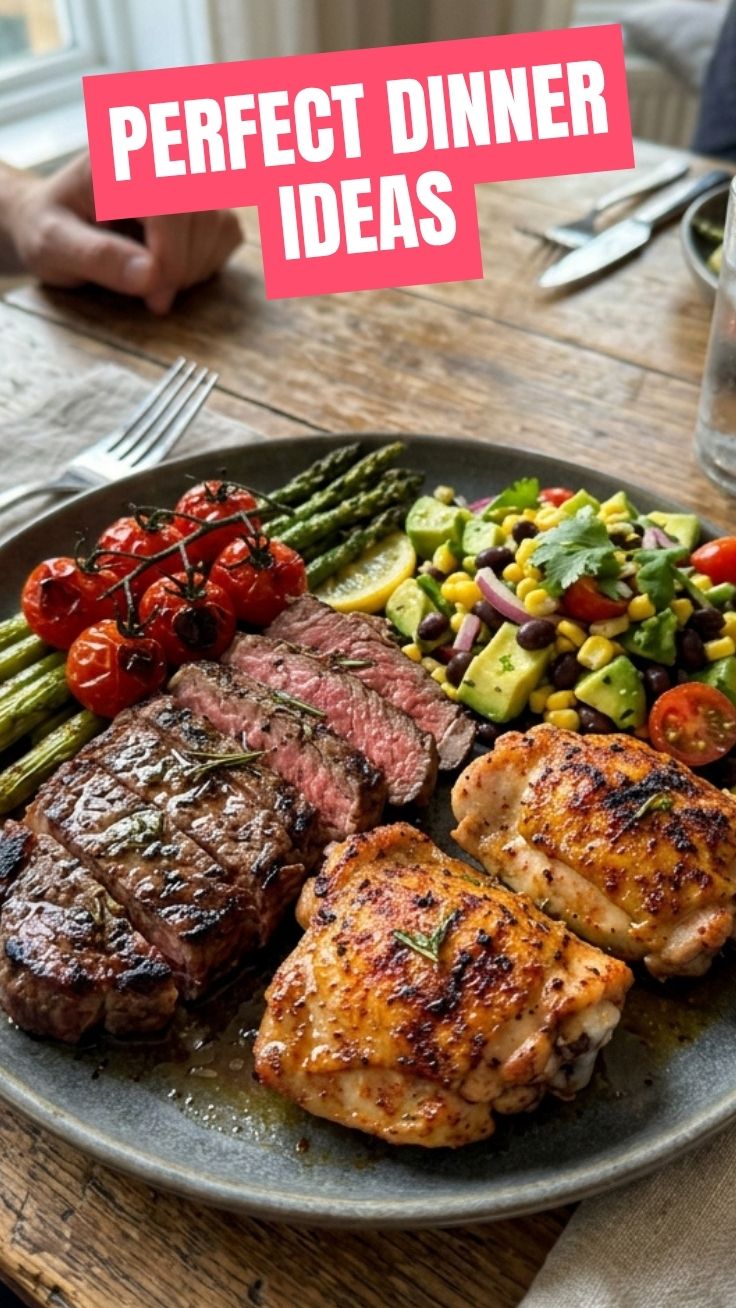 A colorful high protein summer dinner spread featuring grilled chicken and fresh salad