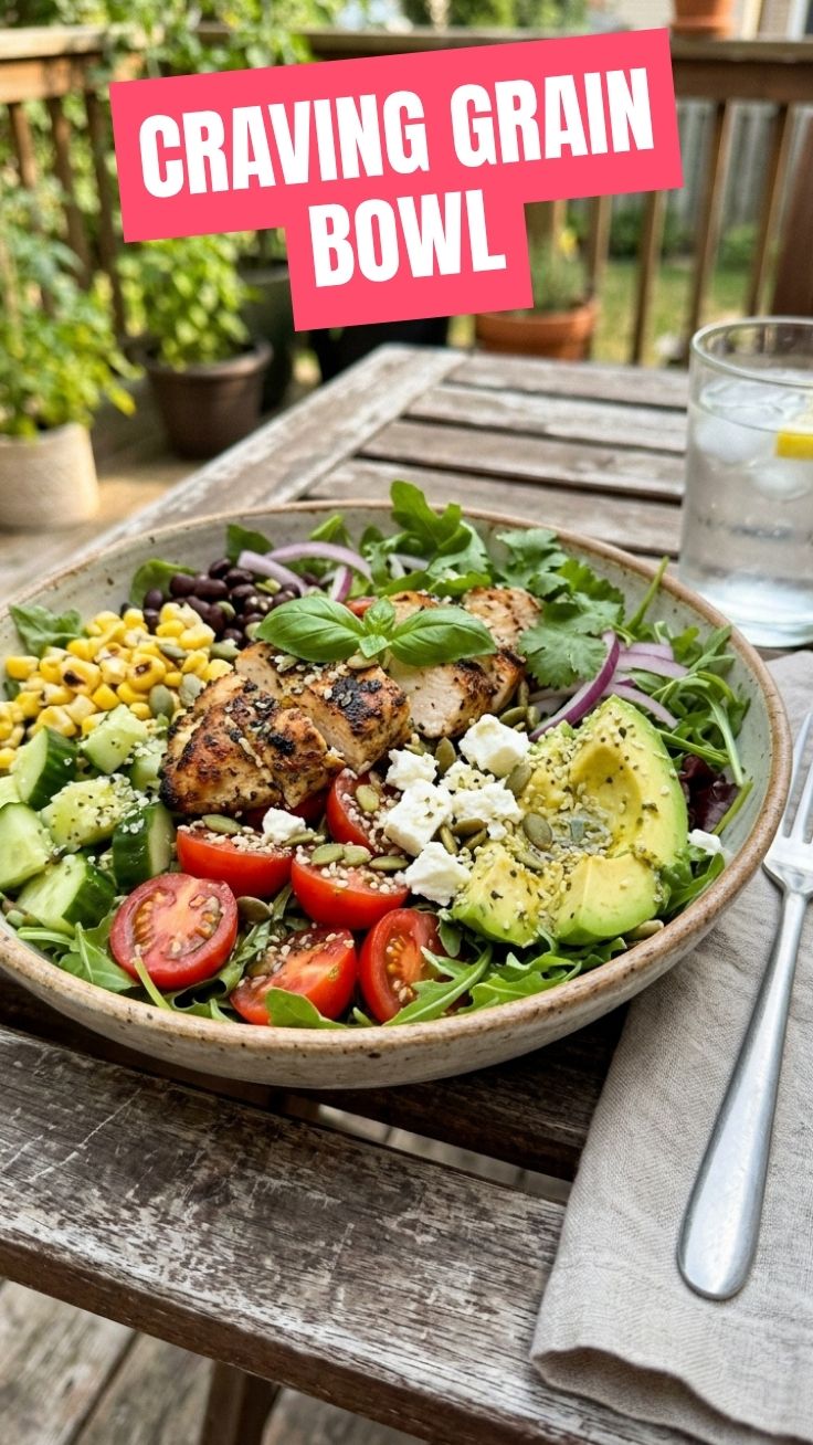 Vibrant high protein summer grain bowl with quinoa, chickpeas, and roasted vegetables