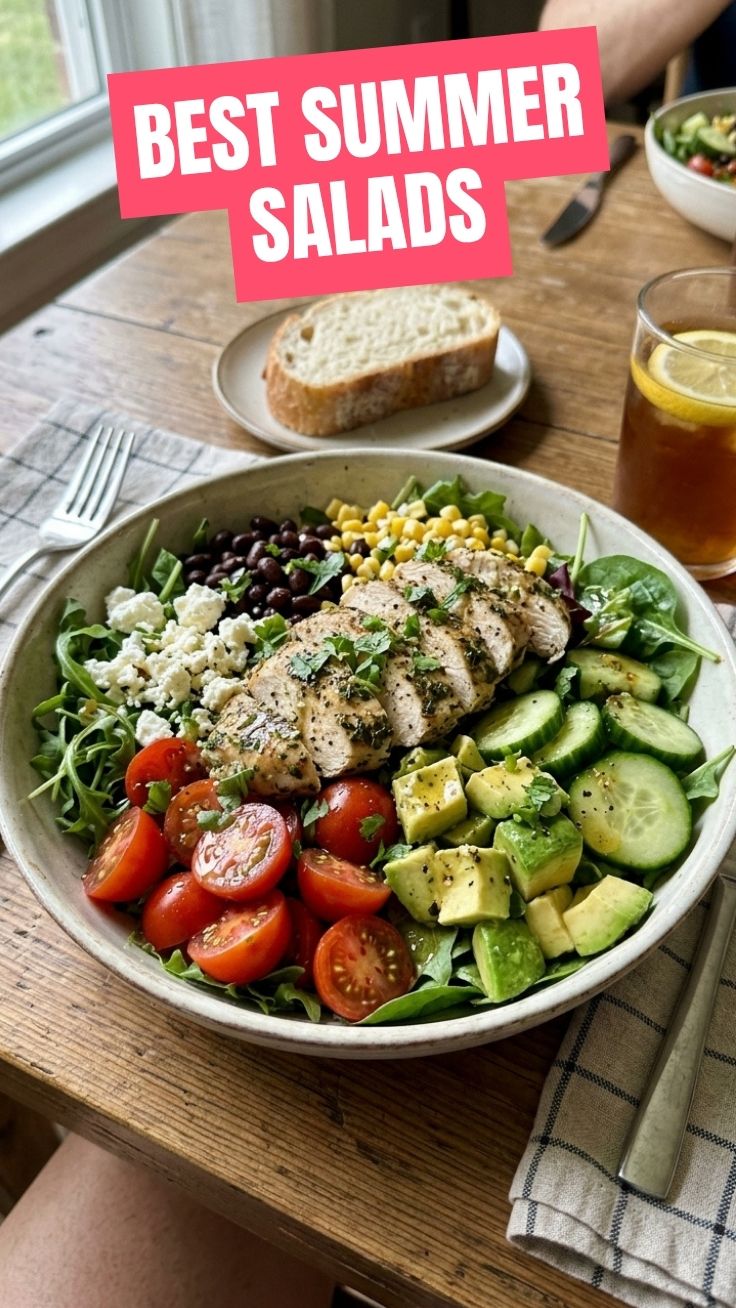 A healthy high protein summer salad with grilled chicken and mixed greens