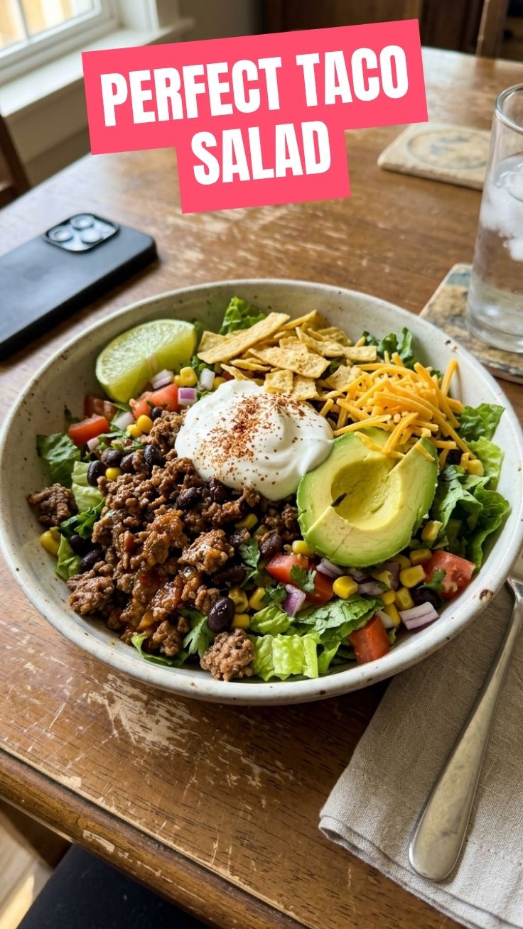 A vibrant high protein taco salad with various fresh ingredients in a bowl.